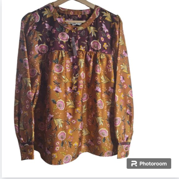 Loft Mixed Print Floral Henley Blouse Size Medium - Picture 5 of 13
